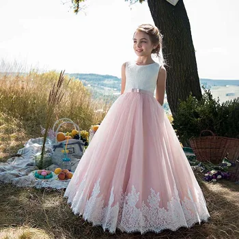 Новое кружевное платье без рукавов из Европы и Подиума, Платье для дня рождения, Платье для девочек, детское платье принцессы с помпоном