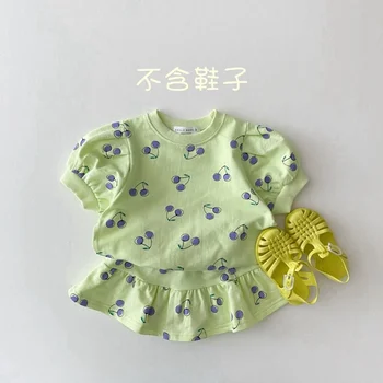 Новый Летний комплект детской одежды с принтом вишни для маленьких девочек, хлопковая футболка с короткими рукавами и юбки, комплект из двух предметов для маленьких девочек