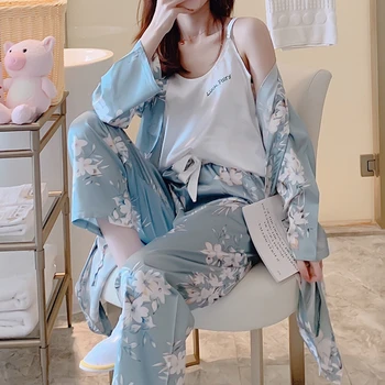 Ночная рубашка из трех предметов, женская осенняя корейская шелковистая сексуальная одежда для сна с длинными рукавами, брюки с принтом, домашняя одежда, элегантный халат, пижама