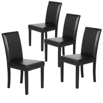Обеденные стулья Parsons с мягкой подкладкой из искусственной кожи Easyfashion с высокой спинкой, Набор из 4 стульев, Черный обеденный стул для столовой