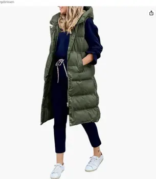 Однотонная Длинная Хлопчатобумажная Куртка с капюшоном, Жилет, Однобортное женское пальто без рукавов