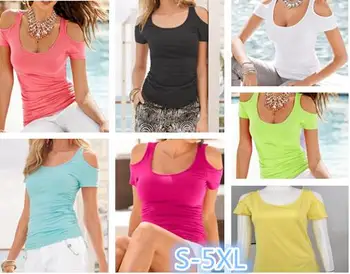 Однотонная женская футболка, 7 цветов, Модные повседневные тонкие футболки с коротким рукавом и открытыми плечами, летние