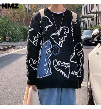 Осенний вязаный свитер HMZ с рисунком динозавра в японском стиле, Пуловер для пары, Свободный свитер с круглым вырезом, Мужская одежда, Зима