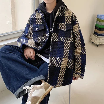 Осенняя клетчатая куртка, мужская модная повседневная куртка с карманом в стиле Ретро, мужская уличная одежда, Корейское Свободное пальто с лацканами, мужская верхняя одежда M-2XL