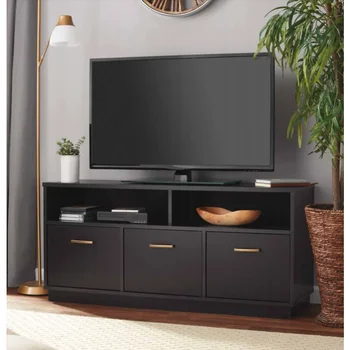 Основные стойки 3-дверная подставка для телевизора Консоль для телевизоров до 50 дюймов, шкафы для хранения в гостиной из черного дерева