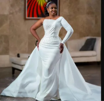 Очаровательное Свадебное платье Русалки с длинными рукавами для невесты 2023, Роскошные Атласные свадебные платья в африканском стиле со съемным шлейфом