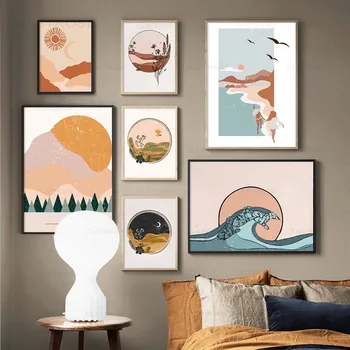 Плакаты с абстрактным пейзажем, Горы, море, лес, картина на холсте, Солнце и Луна, настенные панно для гостиной, украшение стен в стиле бохо