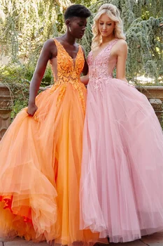 Платье для выпускного вечера Cathy Princess с V-образным вырезом и 3D Цветами 2023, Сексуальное Платье Трапециевидной формы из Тюля, без рукавов, Оранжевое