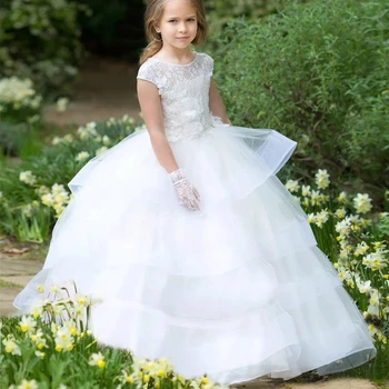 Платья с цветочным узором для девочек на свадьбу, нарядные платья с кружевным бантом для девочек, праздничные платья для Первого Святого Причастия для маленьких девочек