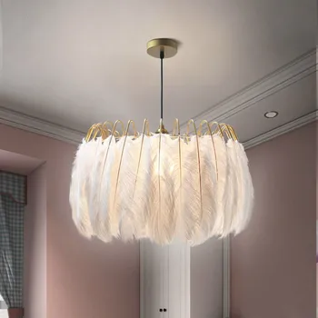 Подвесная люстра в Скандинавском Стиле с перьями, светильник для Столовой, гостиной, спальни, Круглый светильник с перьями в стиле Ins