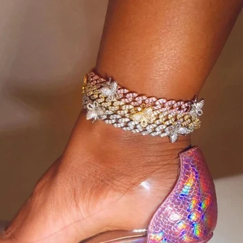 Покрытые льдом Ножные браслеты с бабочками из розового Хрусталя, Кубинская цепочка, ювелирные изделия для женщин, золотой, Серебряный Металлический Кубинский ножной браслет, ювелирные изделия в стиле хип-хоп