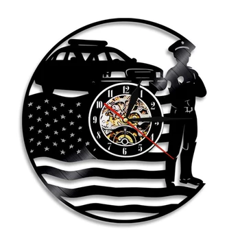 Полицейский США Настенные Часы Полицейский Участок Виниловая Пластинка Полицейский Защищает Родину Подвесные Часы LED Современный Дизайн Подарок На Пенсию