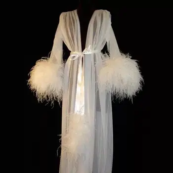 Прозрачная белая женская одежда для сна, пижама, ночная рубашка из тюля, Длинное Сексуальное женское белье из искусственного меха, халаты