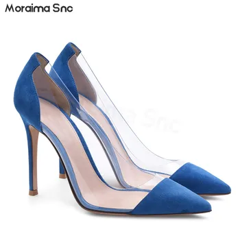 Прозрачные Синие Замшевые туфли-лодочки на шпильке с острым носком, Женские туфли большого размера, Сексуальное профессиональное платье на высоком каблуке