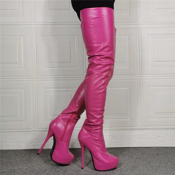 Розово-Красно-Коричневые Кожаные Сапоги на платформе, Сапоги выше колена, Женские Сапоги Большого Размера 47, Женская обувь на высоком Каблуке-шпильке с круглым носком