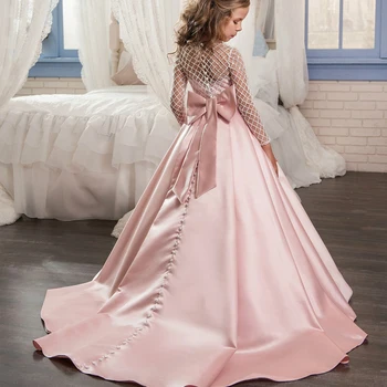 Розовое атласное Кружевное бальное платье с цветочным узором для девочек, платья с длинным рукавом, атласное платье Принцессы с бантом для девочек-иллюзионисток, платье для свадебной вечеринки