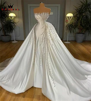 Роскошные атласные свадебные платья Русалки со съемным шлейфом, украшенные жемчугом и хрустальным бисером, настоящее фото платья невесты на заказ JY78