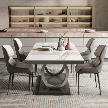 Роскошный обеденный стол с каменной плитой, домашний итальянский минималистичный прямоугольный обеденный стол и табурет из нержавеющей стали