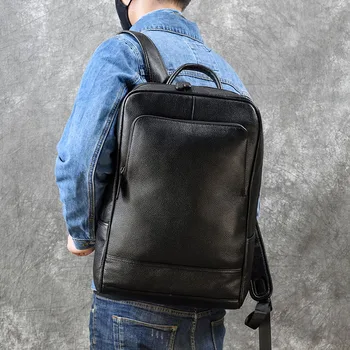 Рюкзак из натуральной кожи для мужчин и женщин, Водонепроницаемая 15-дюймовая сумка для ноутбука, мужской деловой рюкзак, школьный рюкзак для мужчин, мягкие черные дорожные сумки