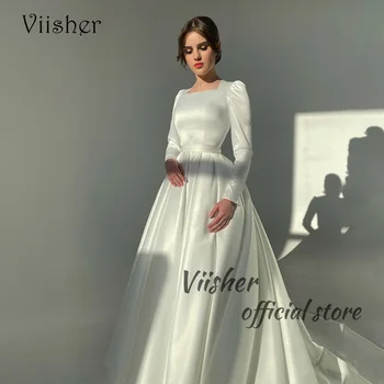 Свадебные платья Принцессы Viisher Из Белого Атласа Трапециевидной формы с Длинным рукавом и квадратным вырезом, Элегантное Платье Невесты для Гражданской свадьбы, Свадебные платья