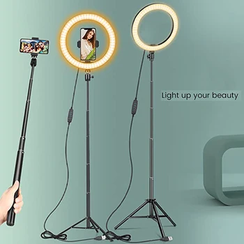 Светодиодный 10-дюймовый кольцевой светильник с 59-дюймовым выдвижным штативом-держателем для телефона для видео на YouTube, регулируемой яркостью для камеры, макияжа, фотосъемки селфи