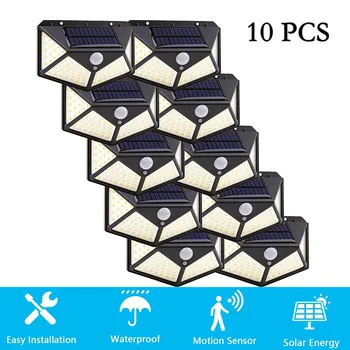 Солнечные фонари Наружные IP65 Водонепроницаемые с датчиком движения 100 светодиодов Широкоугольное охранное освещение на 270 ° Для крыльца Гаража двора Патио