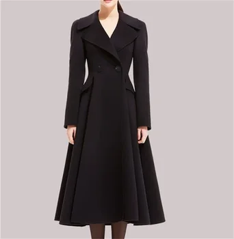 Сшитое на заказ Черное женское пальто Длинная куртка Формальный зимний кашемировый тренч широкого кроя Элегантное платье для выпускного вечера длиной до щиколотки