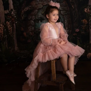 Темно-розовые Платья с высоким и низким Рисунком для маленьких девочек-цветочниц, Иллюзионные рукава, Модные Костюмы на День Рождения, Свадебное Модельное платье на заказ