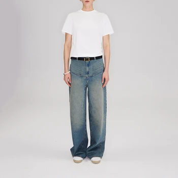 Темпераментные повседневные прямые свободные женские брюки 2023, новые нишевые винтажные старые y2k, нетрадиционный базовый разрез, широкие синие джинсы