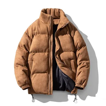 Уличная мужская зимняя модная куртка в стиле Харадзюку, парки, Воздушная куртка, Оверсайз, Теплое однотонное пальто, Пуховик из искусственной замши