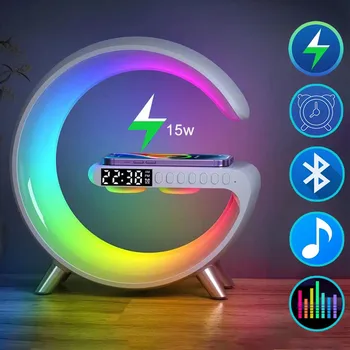 Умный RGB Ночник Светодиодная атмосферная настольная лампа Многофункциональный Будильник Динамик Управление приложением Беспроводное зарядное устройство для Iphone Samsung
