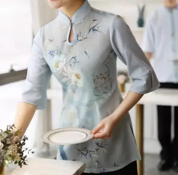 Униформа для китайского ресторана, женские летние топы, традиционная рубашка, Тонкая блузка Официанта с принтом