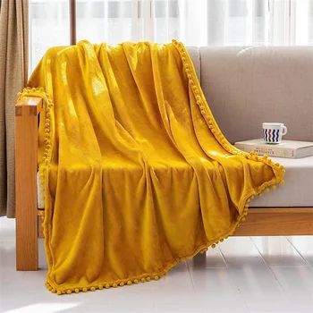 Фланелевое одеяло с бахромой из помпона Легкое уютное одеяло для кровати Мягкое покрывало для дивана Подходит для всего сезона