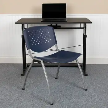 Флэш-мебель серии HERCULES весом 880 фунтов Вместительный темно-синий пластиковый стул с каркасом из титана серого цвета с порошковым покрытием