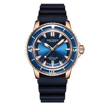 Часы Reef Tiger/RT От ведущего бренда для мужчин, механические часы для дайвинга, каучуковый ремешок из розового золота, Светящиеся водонепроницаемые часы RGA3035