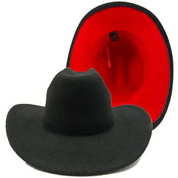 Черно-красная ковбойская шляпа с закатанными полями в стиле панк, мужская и женская крутая шляпа для верховой езды, ковбойская фетровая шляпа в западном стиле