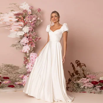 Элегантные атласные свадебные платья для невесты с V-образным вырезом, Короткими рукавами и открытой спиной, Свадебные платья Трапециевидной формы Длиной до пола, Vestidos De Novia 2023