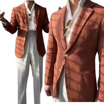Элегантный мужской костюм, Темперамент, 2023, Новый Летний тонкий Дышащий Повседневный Однобортный Блейзер из чистого льна