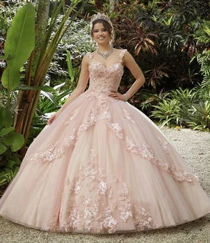 Ярко-Розовое Пышное Платье 2023 С Аппликацией в виде Сердца и Цветами, Вечернее Платье Принцессы с открытой спиной, Милое 16 Бальное Платье Vestidos De 15 Años