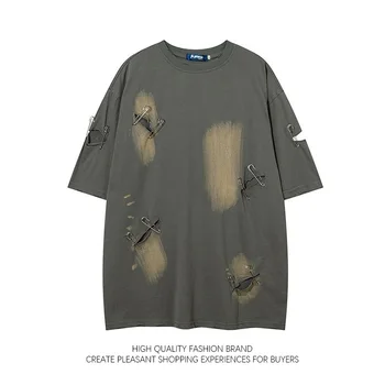 2023 Новая уличная одежда в стиле панк, рубашка с коротким рукавом, Унисекс, футболка с перфорацией на хай-стрит, оригинальный модный дизайнерский топ